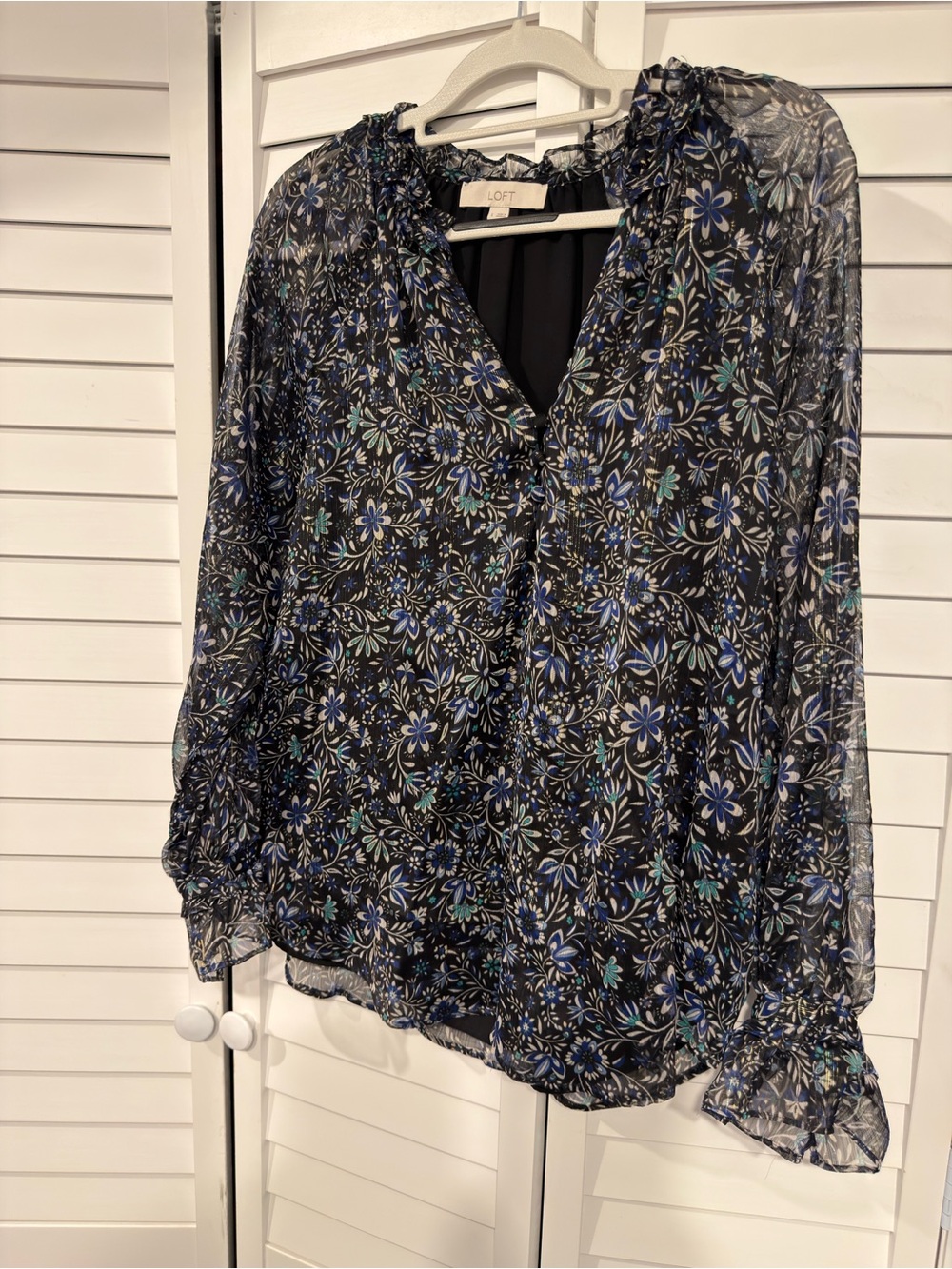LOFT Black Sheer Floral Long-Sleeve Blouse with Blue Accents